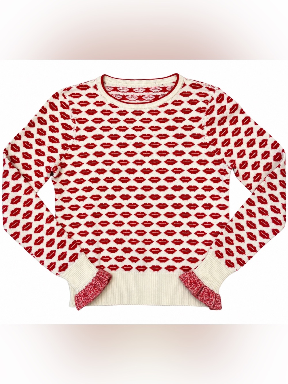 French Connection Women’s Lip Print Sweater Red Cream Ruffle Cuff XS/S Kiss